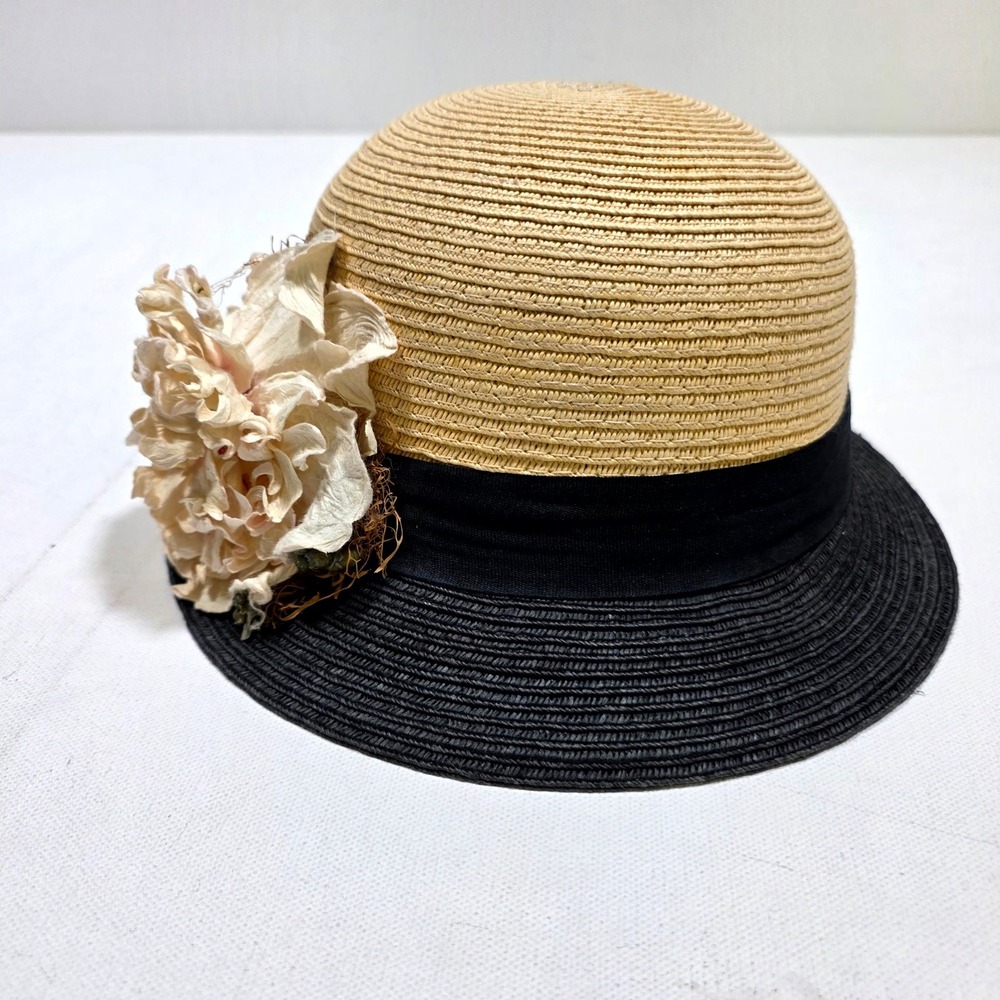 San Marco Cloche Hat Womens Tan Black Straw Floral Accent Vintage Style Sun Hat